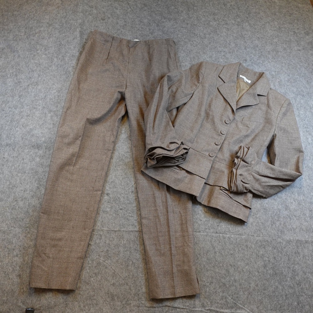 Paule Ka Suit Women US 4 FR 36 Brown Virgin Wool Houndstooth Peplum Blazer Pant
